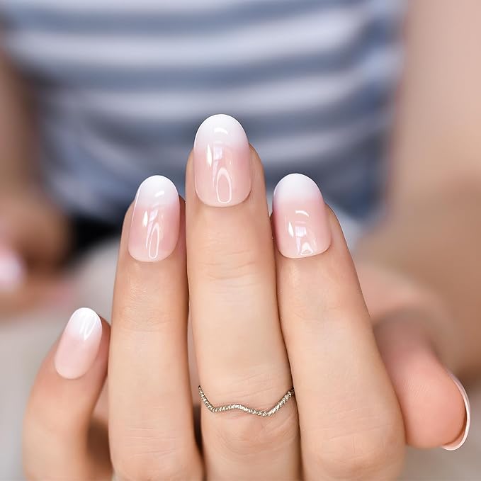 Press On Nails Nude Pink White Gradient French False Nail Art Tips Salon Women Girls DIY Manicure Reusable Acrylic Medium Length Almond Stick On Fake Nails for Daily Office Home Party