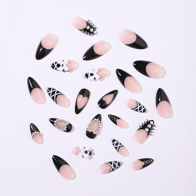 24pcs Black French Tip Press on Nails Medium Almond Fake Nails with 3D Bow Rivet Rhinestones Designs Gothic False Nails Lace Glue on Nails French Acrylic Nail Tips Full Cover Stick on Nails for Women