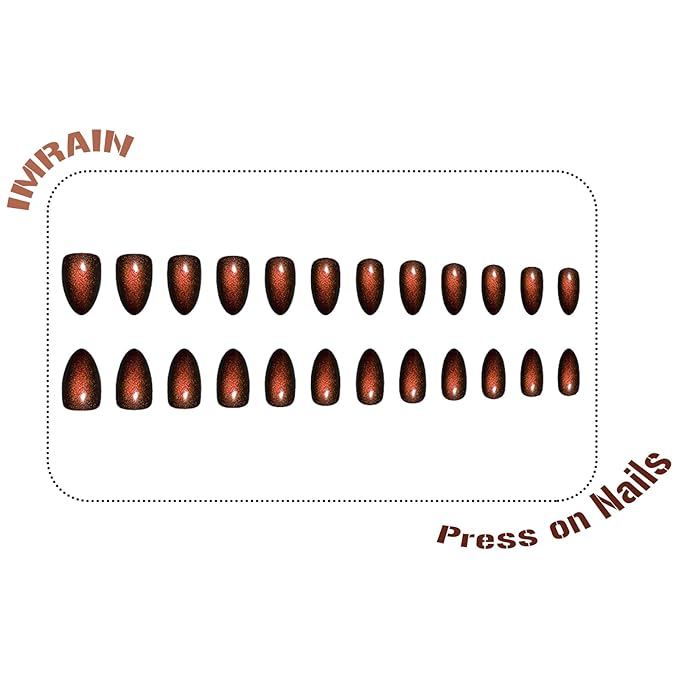 IMRAIN Cat's Eye Press on Nails Medium Almond Brown Fake Nails Brown Orange False Nails Full Cover Glossy Glue on Nails Stick on Acrylic Nails for Women Girls 24Pcs