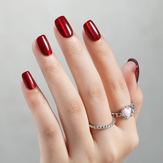 Red Press on Nails Short, Jofay Fashion Soft Gel Fake Nails, Cat Eye Press on Nails, Reusable & Natural Acrylic False Nails, Stick on Nails for Women Girls Gift, Glue on Nails Kit 32 Pcs