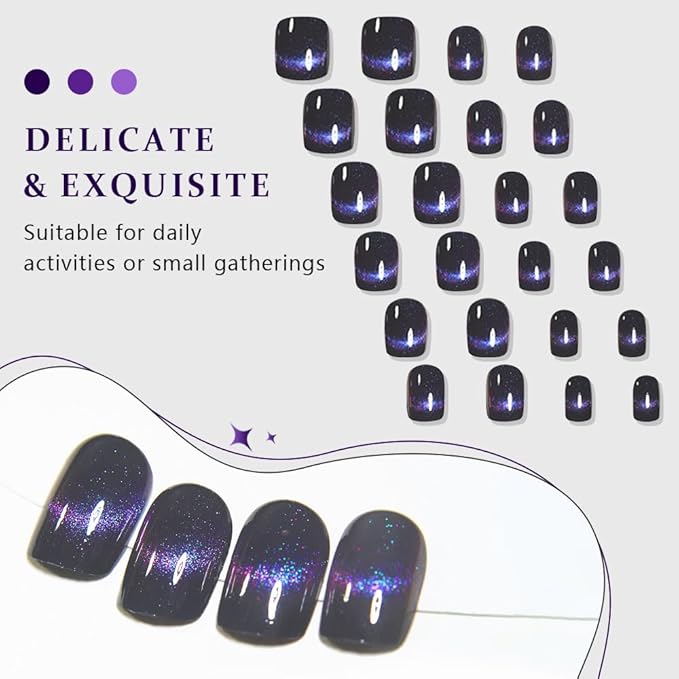 evpct Dark Blue Cat Eye Extra Short Press on Nails Square, Petite Short Square Glue on Nails for Women Gift, Smile Purple Metallic Glitter Glossy Reusable Gel Press on Acrylic Fake Nail with Designs