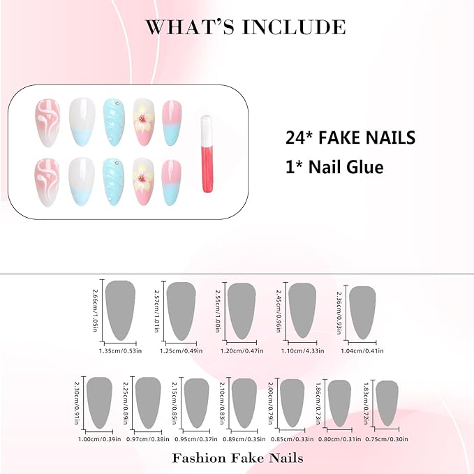 IMRAIN Press on Nails Medium Almond Fake Nails with Pearl & Flower Design Glossy Acrylic False Nails Full Cover Artificial Gel Handmade Glue on Nails Summer Stick on Nails for Women DIY Nail