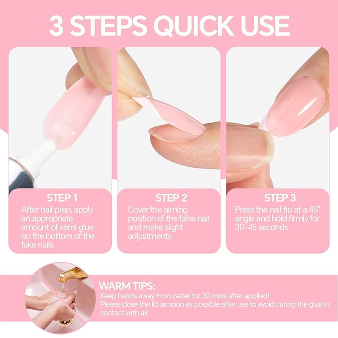 Super Strong Solid Nail Glue Gel for Press On Nails Tips, No Lamp Needed Semi Gel Nail Glue 10g (2pcs) Quick Drying Adhesive Long Lasting Fake Acrylic Nails Kit