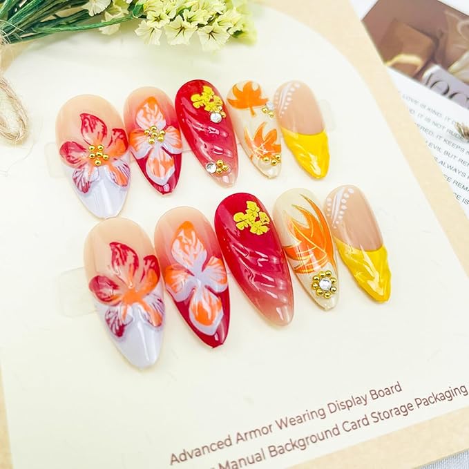 30Pcs Fall Press on Nails Medium Almond French Tip Fake Nails with Gold Star Gem Design Autumn Maple Leaf False Nails Cute Flower Acrylic Nail Thanksgiving Glue on Nail for Women Manicure Accessories