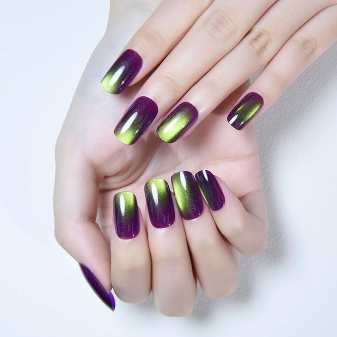 Green Reflective Cat Eye Press on Nails Medium Square, Medium Square Press Glue on Nails Chrome for Women, Green Holographic Glitter Glossy Reusable Gel Acrylic Fake Nail with Designs Cateye Effect