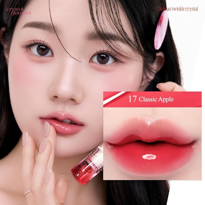 CLIO CRYSTAL GLAM TINT (017 CLASSIC APPLE), Glossy Finish, Lightweight, Weightless, Buildable, Glass-Like, Smoothing, Long-Lasting, Vivid, Transparent, Shiny, Moisturizing Lip Stain, Korean Lip Tint