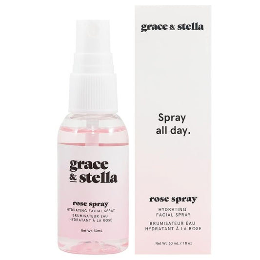 grace & stella Award Winning Rose Water Spray for Face with Glycerin & Aloe Vera - Travel Size (30ml) - Rosewater Face Mist for All Skin Types - Hydrating, Calming, Rejuvenating Facial Toner - Vegan