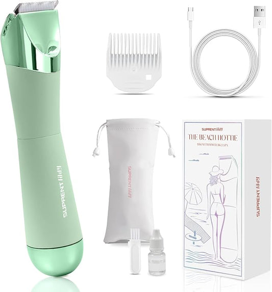 SUPRENT Bikini Trimmer Women - Painless Ladies Hair Removal - Waterproof Wet & Dry - 2 in 1 Lady Shaver for Pubic & Facial Hair - Cordless Electric Razor with USB-C Rechargeable - Green