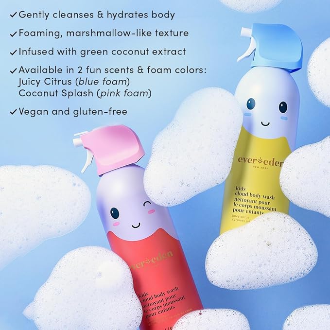 Evereden Kids Bathtime Trio: Hair Detangling Shampoo & Conditioner Set + Cloud Body Wash - Clean & Vegan Kids Haircare Set Paired With Fun Foaming Body Wash - No Sulfates, Paraben, or Phthalate