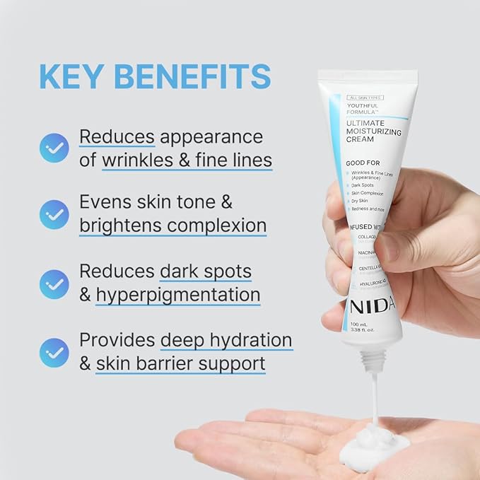 NIDA Youthful Formula™ Ultimate Moisturizing Cream | Centella Asiatica, Niacinamide, Hyaluronic Acid, Collagen | Wrinkles, Fine Lines, Dark Spots, Dry Skin, Redness | 3.38 fl. oz., 100ml