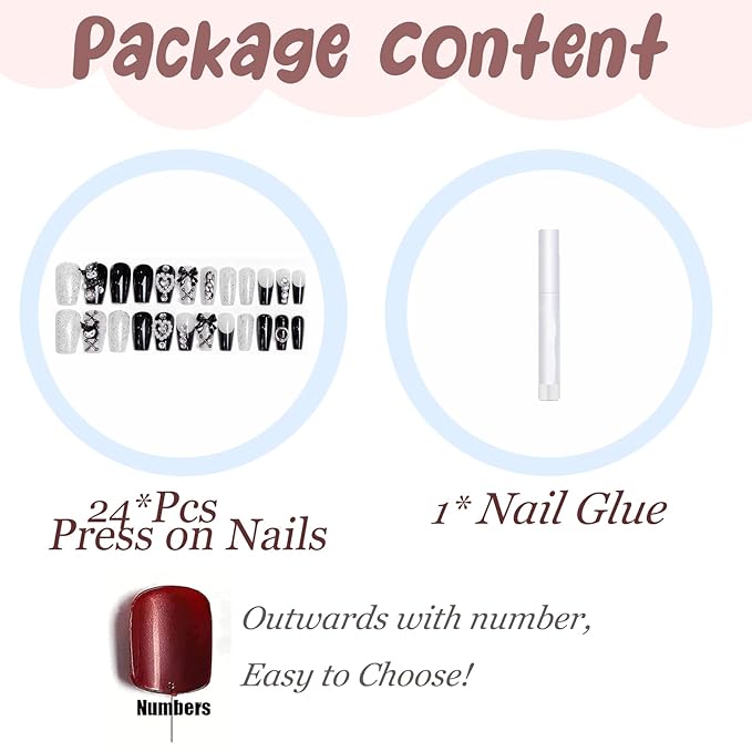 BABALAL Black Press on False Nails Medium Coffin Fake Nails Goth French Tip Glue ons Acrylic Nails Cute Bow Anime Heart Charm Design 24Pcs kawaii Luxury Bling Ballerina Manicure DIY