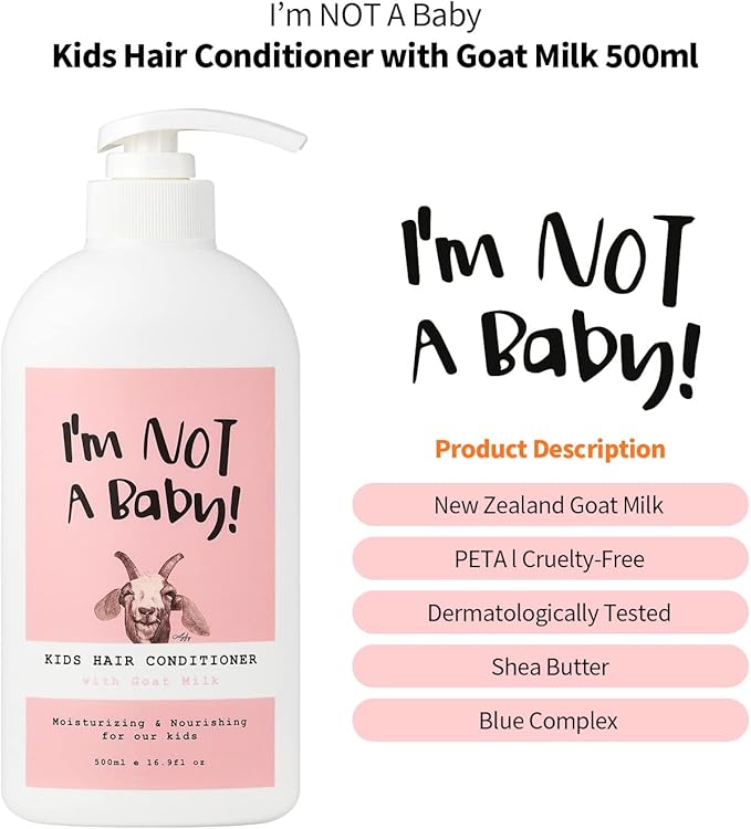 I'm NOT A Baby! Kids Hair Conditioner, Dermatologist Tested, Allergen-Free, Zero Silicon, Goat Milk & Shea Butter, PETA Cruelty-Free, Gentle, 16.9 Fl Oz