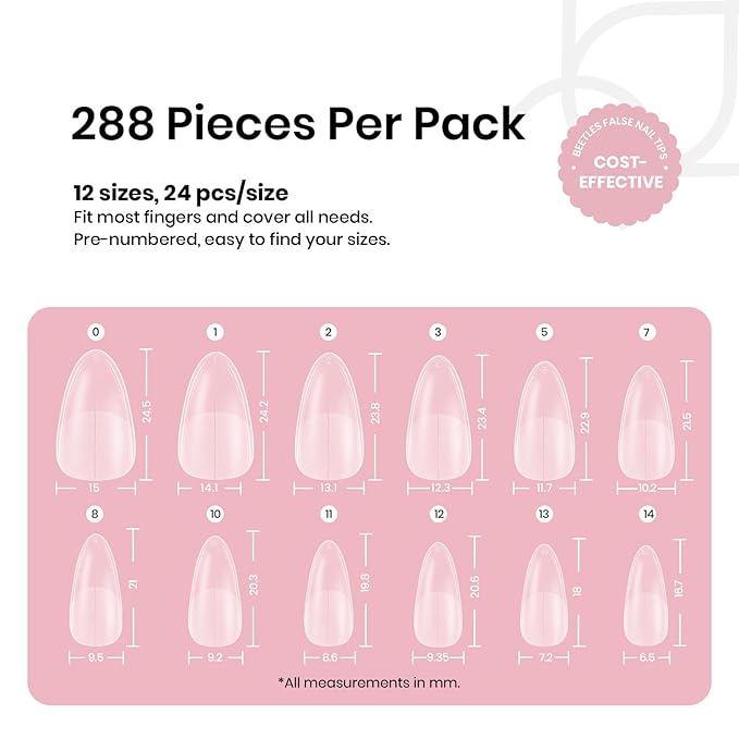 Beetles Medium Almond Nail Tips: 288PCS Medium Almond Matte Clear False Acrylic Press on Nails Tips 12 Sizes Pre-shape Full Cover Nail Tips Nail Extension DIY Valentines Day Gifts for Women