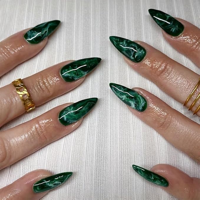Green Press on Nails Almond Medium Fake Nails Summer Dark Green Marble Acrylic False Nails Press ons Full Cover Reusable Glue on Artificial Nails for Women 24Pcs