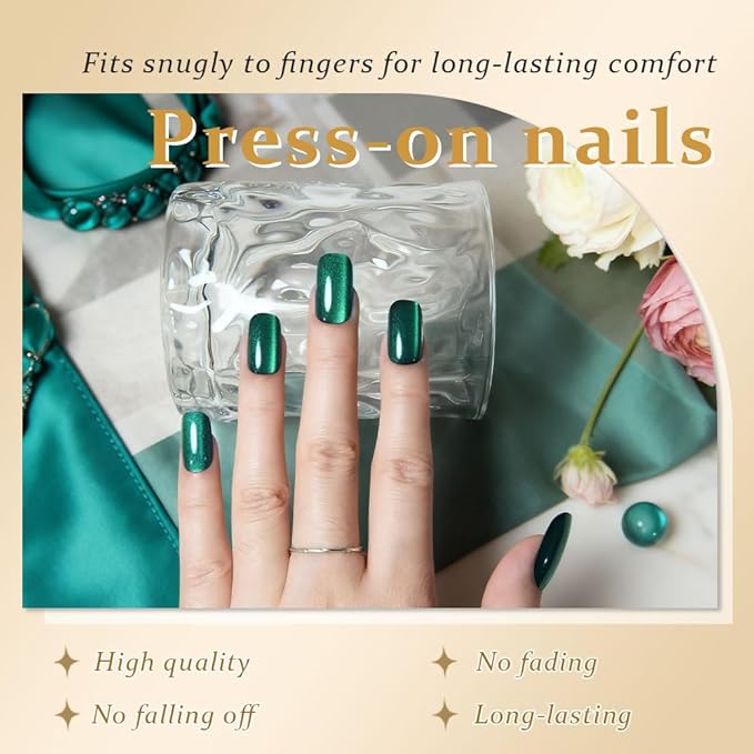 Green Cat Eye Press on Nails Medium Square, Medium Square Press Glue on Nails Chrome for Women Gift, Green Holographic Glitter Glossy Reusable Soft Gel Acrylic Fake Nail with Designs Cateye Effect