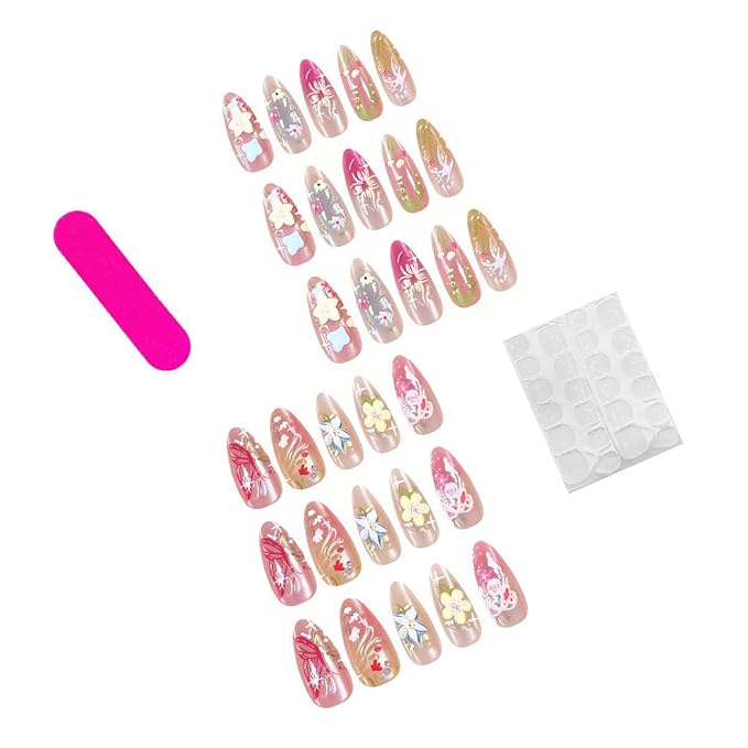 Handmade Press on Nails Almond Medium 3D Flower Fake Nails Colorful Floral Nail Art Butterfly Acrylic Nails Spring Summer Glue on Nails Full Cover False Nails for Women Manicure Accessories, 30Pcs