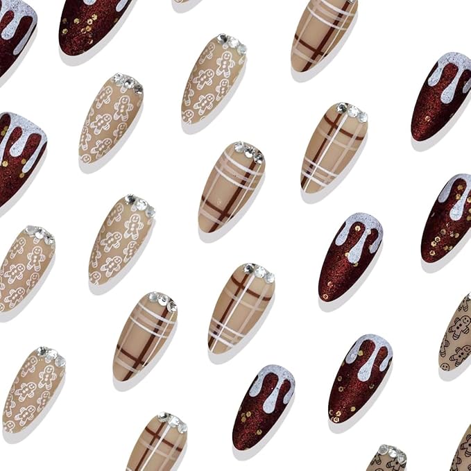 Christmas Press on Nails Medium Almond Fake Nails Cute Gingerbread Man False Nails with Rhinestones Designs Red Brown Glitter Designs Xmas Artificial Stick on Nails for Women Girls DIY 30Pcs