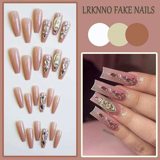 24Pcs Nude Pink Coffin Press on Nails Medium Square Fake Nails with San Judas Virgin Mary Rhinestones Gems Full Cover Glue on Nails Glossy Acrylic False Nails for Women DIY Stick on Nail Decorations