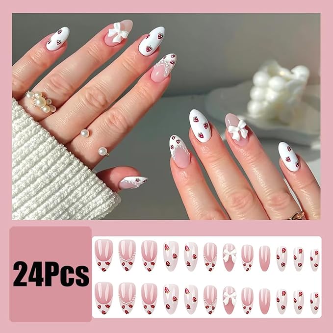 24Pcs French Tip Press on Nails Short Almond Fake Nails with Pearl Spring Glue on Nails Bow Charms False Nails Strawberry Acrylic Nails Cute Stick on Nails Fruit Full Cover Artificial Nails for Women