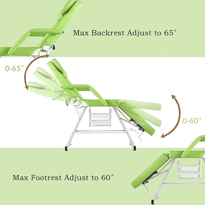Facial Chair Tattoo Chair Massage Table 73 Inch Spa Salon Facial Bed Adjustable Spa Bed Professional Facial Beauty Spa Salon Equipment with Spa Stool Green