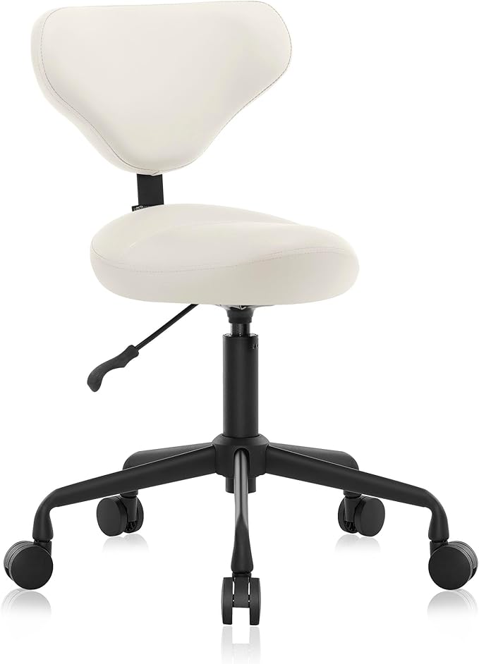 Ergonomic Saddle Seat Adjustable Pneumatic Hydraulic Drafting Swivel Rolling Stool Chair for Medical Hygienic SPA Massage Salon Home and Office - Hilo 508 (Vanilla, with Backrest)