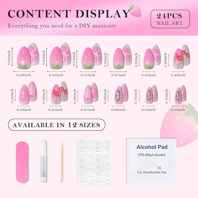 Handmade 3D Fruit Colour Press On Nails Medium Almond, 3D Cherry Strawberry Sweet Orange Designer Reusable Acrylic Fake Nails With Glue On Nails, Nails Press Ons Daily Wear Nails For Women