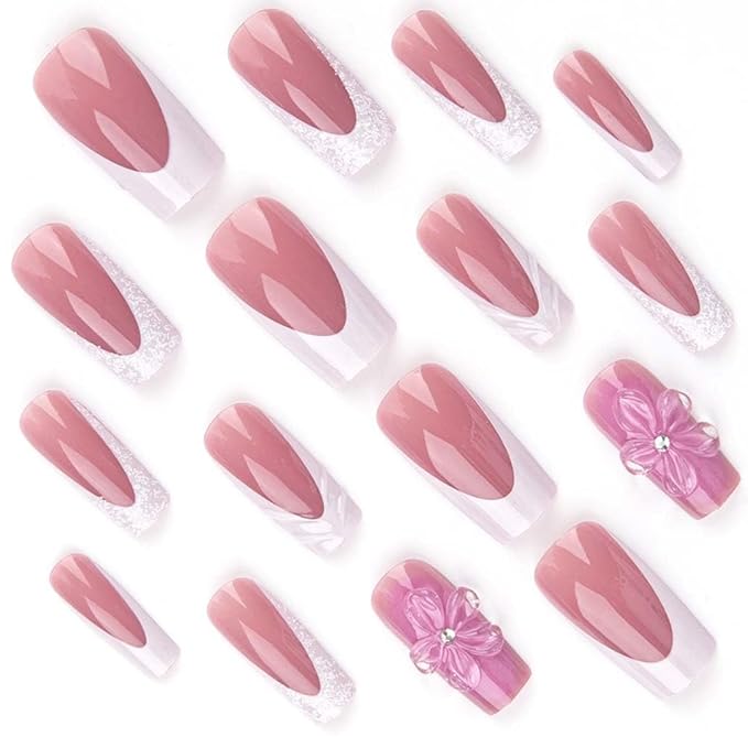 French Press on Nails Medium Long Pink Fake Nails Square Bling Glossy 3D Flower Design False Nail Tips Artificial Nails Finger Manicure for Women and Girls-24pcs
