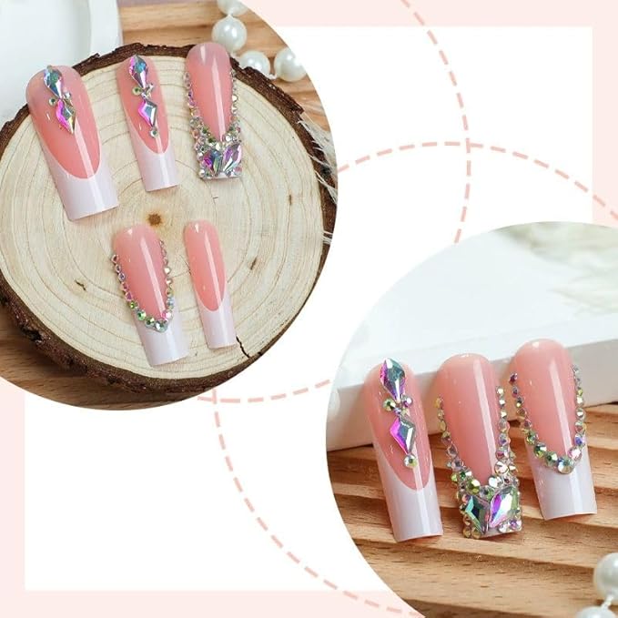 Long Press on Nails Square Shape Cute Fake Nails Pink with Rhinestones Design White French Tip False Nails Summer Glue on Nails for Women 24pcs