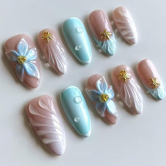 24Pcs Blue Flower Press on Nails Medium Almond French Tip Fake Nails with Gold Starfish Rhinestones Design 3D Ripple False Nails Full Cover Artificial Glue on Nails Summer Stick on Nails for Women DIY