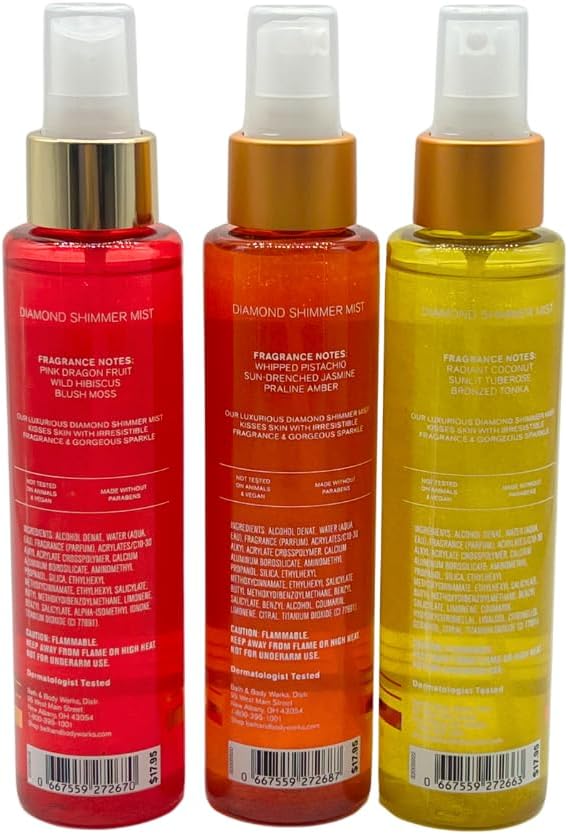 Bath & Body Works VACATION VIBE, PINK PARADISE, SOLAR SHINE Diamond Shimmer Mist - Gift Set with a Blue Bow for Holiday - 4.9 fl oz each - Summer Scents