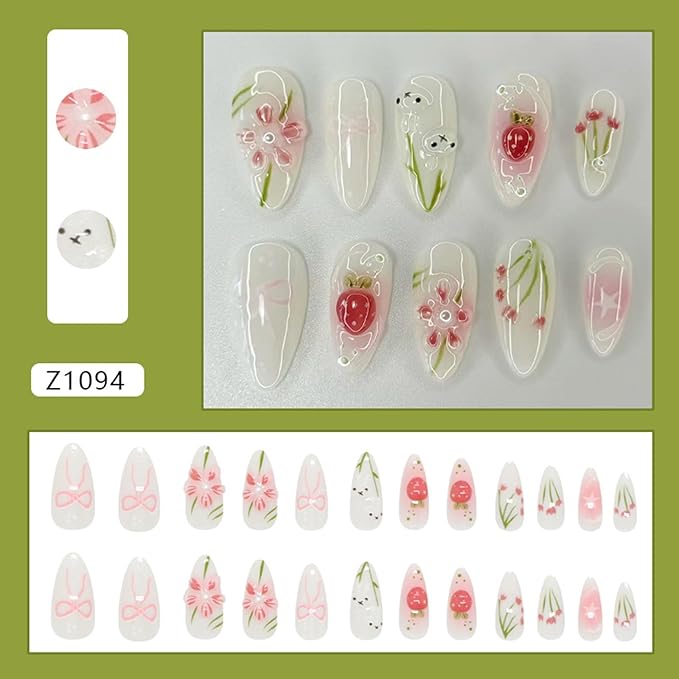 24Pcs Cute Press on Nails Medium Almond Fake Nails with Flowers Cute Bunny Designs Artificial Cute Nails Stick on Nails Spring False Nails Acrylic Nail Full Cover Artificial Glue on Nails for Women