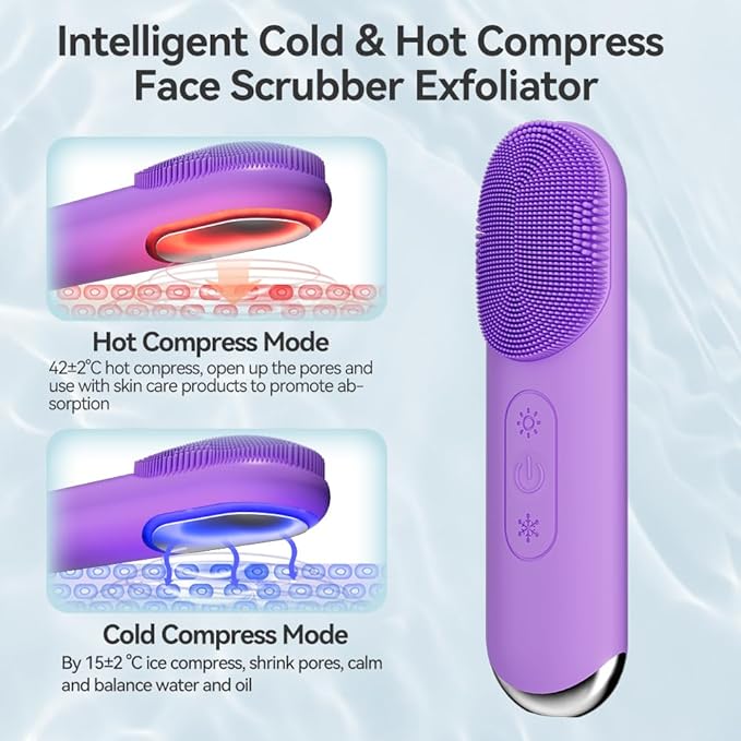 Facial Cleansing Brush, Silicone Face Scrubber, Electric Face Brushes for Cleansing with Vibration, Hot and Cold Modes, Face Scrub Brush for Women & Men Exfoliating and Massaging, Purple