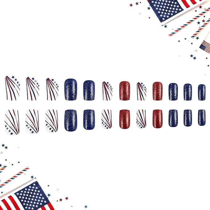 24Pcs Independence Day Press on Nails Medium Square Fake Nails Red Blue Glitter Full Cover False Nails Patriotic Artificial Glue on Nails 4th of July Acrylic Nails Stripe Star Stick on Nails for Women