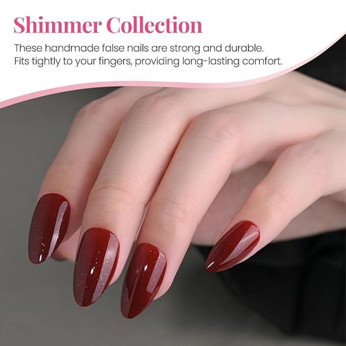 Almond Press On Nails Pearl Finish Wine red Press On Nails Short Glue On Nails for Women Opaque Natural Reusable Stick On Nails 30Pcs 15 Sizes