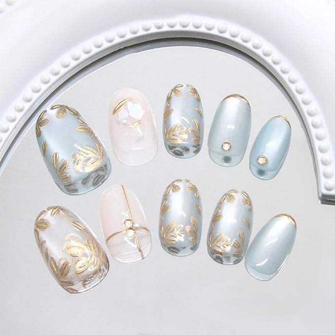 24Pcs Short Almond Press on Nails Gold Flower Fake Nails with 3D Pearl Designs Blue Gilding French False Nails Glossy Full Cover Glue on Nails Summer Acrylic Stick on Nails for Women Manicure Kit