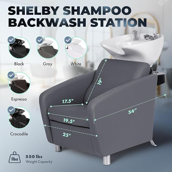 Buy-Rite Shelby Backwash Unit - Professional Salon Shampoo Chair with Deep Tilting White Porcelain Bowl, Dual Function Nozzle, Extra Wide Seat & Lumbar Support - Grey, YLG-556-GRAY