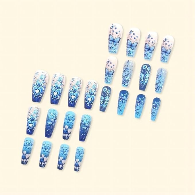 Coffin Shape Press on Nails Long Fake Nails Blue False Nails with Butterfly and Flower Design for Women and Girls 24pcs