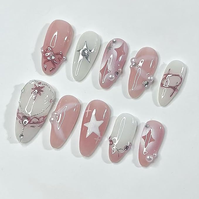 24Pcs Star Press on Nails Medium Almond Fake Nails Cute Bow Star with Rhinestones Glitter Designs Full Cover Pink White Glue on Nails French Tip False Nails for Women Girls Artificial Acrylic Nails