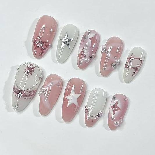 24Pcs Star Press on Nails Medium Almond Fake Nails Cute Bow Star with Rhinestones Glitter Designs Full Cover Pink White Glue on Nails French Tip False Nails for Women Girls Artificial Acrylic Nails