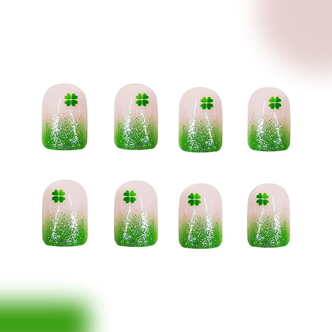 24Pcs St. Patrick's Day Fake Nails French Tip Press on Nails Short Square False Nails Shamrock Glue on Nails with Green Glitter Nails Tip Design Four Leaf Clover Acrylic Nails for Irish Women Manicure