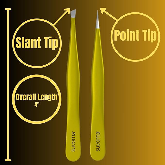Suvorna Professional Tweezers for women facial hair - Sharp Pointed Tweezer & Slanted Eyebrow Tweezers for Women - Eyebrow Tweezer for Women, Lash tweezers and Splinter removal (4-inch size, Yellow)
