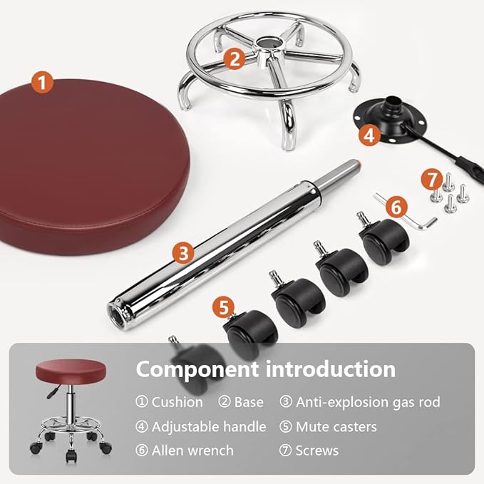 KKTONER PU Leather Round Rolling Stool with Foot Rest Swivel Height Adjustment Spa Drafting Salon Tattoo Work Office Massage Stools Task Chair Cushion 14 inches (Red)