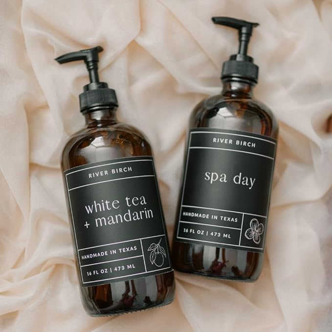 River Birch Tobacco Sandalwood Scented Natural Hand Soap - Handmade Soap - Moisturizing Hand Wash with Amber Glass Dispenser - Luxury Scented Hydrating Hand Soap - Vegan and Non-Toxic - 16 Fl Oz