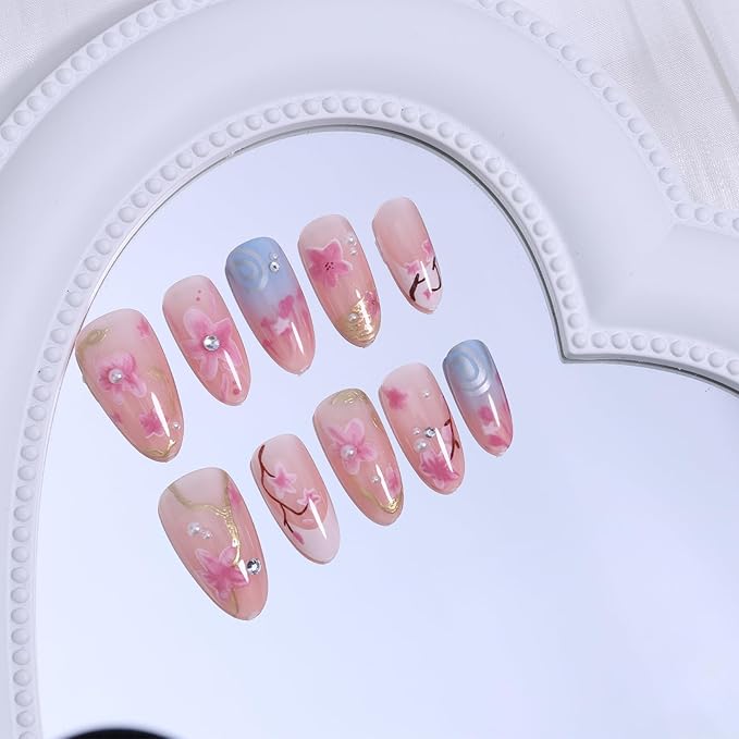 30Pcs Pink Almond Press On Nails with 3D Pearl Rhinestones, ABS Acrylic Material, Full Cover Nail, Modern Style, Multicolor Pattern, Glossy Finish, 1 Set of 30 Pieces