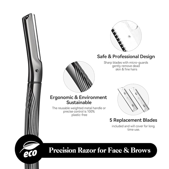 Dermaplaning Tool for Face, Eyebrow Razor for Women and Men, Eyebrow Trimmer and Facial Shaver Dermaplane Razor for Peach Fuzz Hair and Exfoliation, Includes 6 Blades (Black)