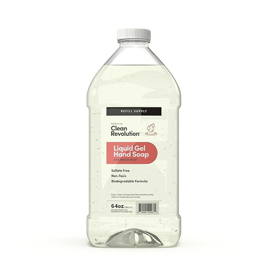 Clean Revolution Liquid Gel Hand Soap, Silky Rich Liquid, Quick Lather, Fast Rinsing, Contains Real Essential Oils (Geranium Mint) 64 Fl Oz