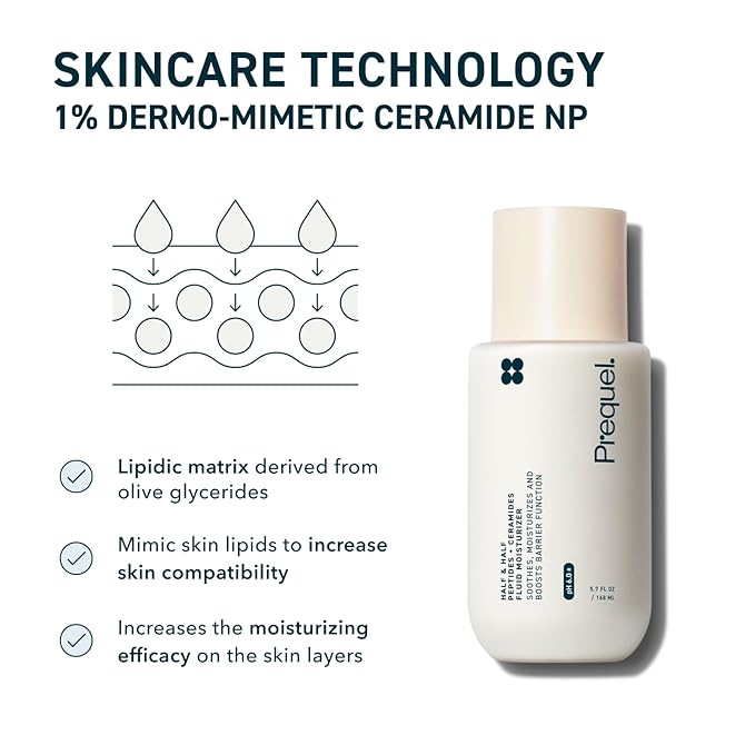 Prequel Skin Half and Half Fluid Moisturizer Face Cream. Lightweight Ceramide Peptide Lotion for All Skin Types, including Dry and Sensitive. Hydrating Facial Cream for Women and Men