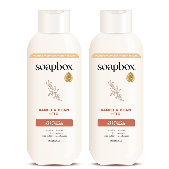 Soapbox Body Wash, Vanilla Bean & Fig Liquid Body Wash, Moisturizing Soap with Shea Butter, Vegan Duo Pack of 2 Soap Bottles, 20oz Each