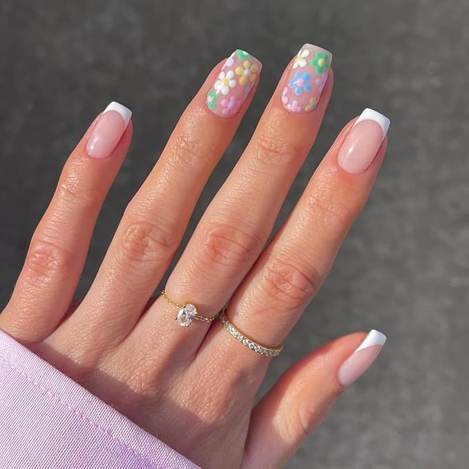 9 Packs (216 Pcs) Press on Nails, Jsiallye Short French Tip Press on Nails, Press on Nails Almond Square with Flower, Glue on Nails for Girl Nail Art, 12 Size of Fake Nails - 9 Styles Nail Kits