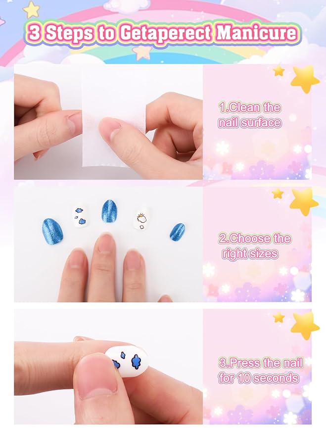 72 Pieces Press on Nails Girls, EBANKU 3 Pack Children Fake Artificial False Nail Tips Pre Glue Full Cover for Kids Nail Art Decoration
